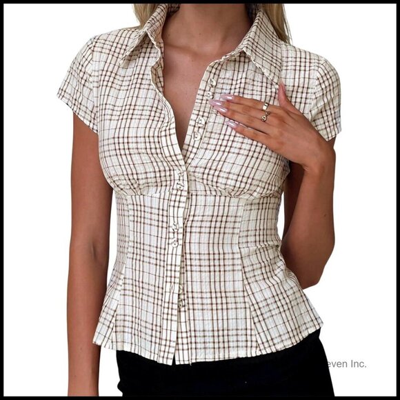 Tops - Y2K V-Neck Crop Top Short Sleeve Button-Up Blouse Slim Fit Fairycore